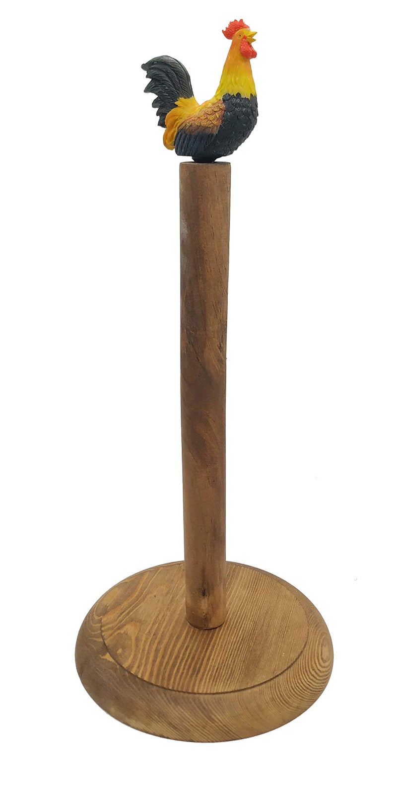 Owlgift Rooster Design Rustic Brown Wood Paper Towel Holder Stand Up Paper Towel Holder, Easy One-Handed Tear Kitchen Paper Towel Dispenser with Weighted Base for Standard Paper Towel Rolls - Image 3